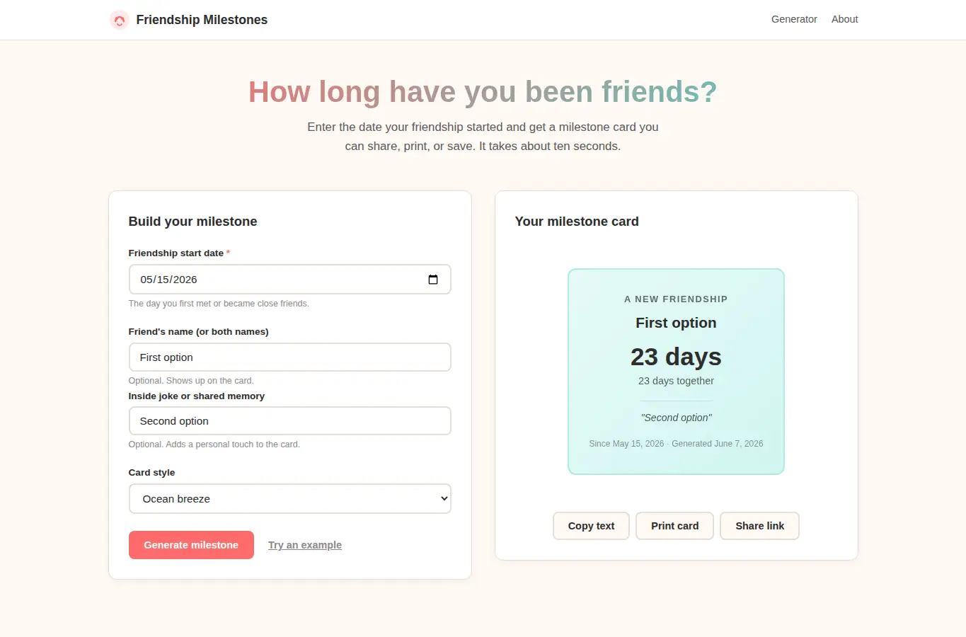Screenshot of Friendship Anniversary Milestone Generator interface showing the project page in use